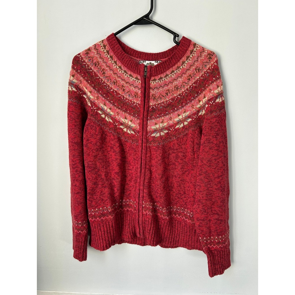 Tiara International Red Fair Isle Zip Up Cardigan Sweater Ramie Cotton Large